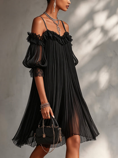 Elyra - Miniabito in chiffon senza spalle con pizzo
