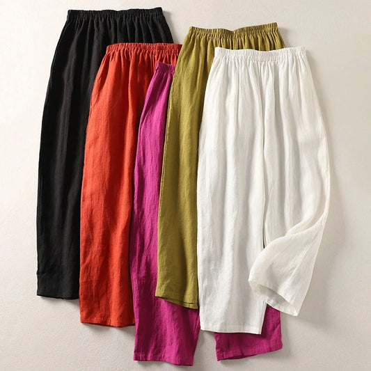 Amalia - Pantaloni in cotone e lino a gamba larga