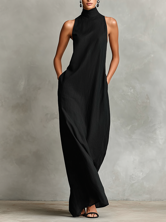 Cecilia - Abito maxì in misto lino con collo alto