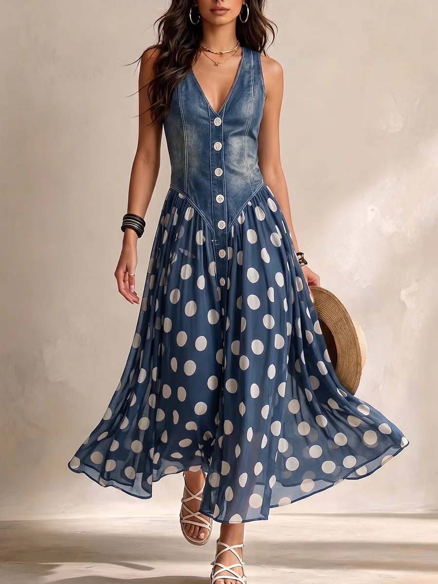 Jayne - Abito midi in chiffon a pois con bottoni