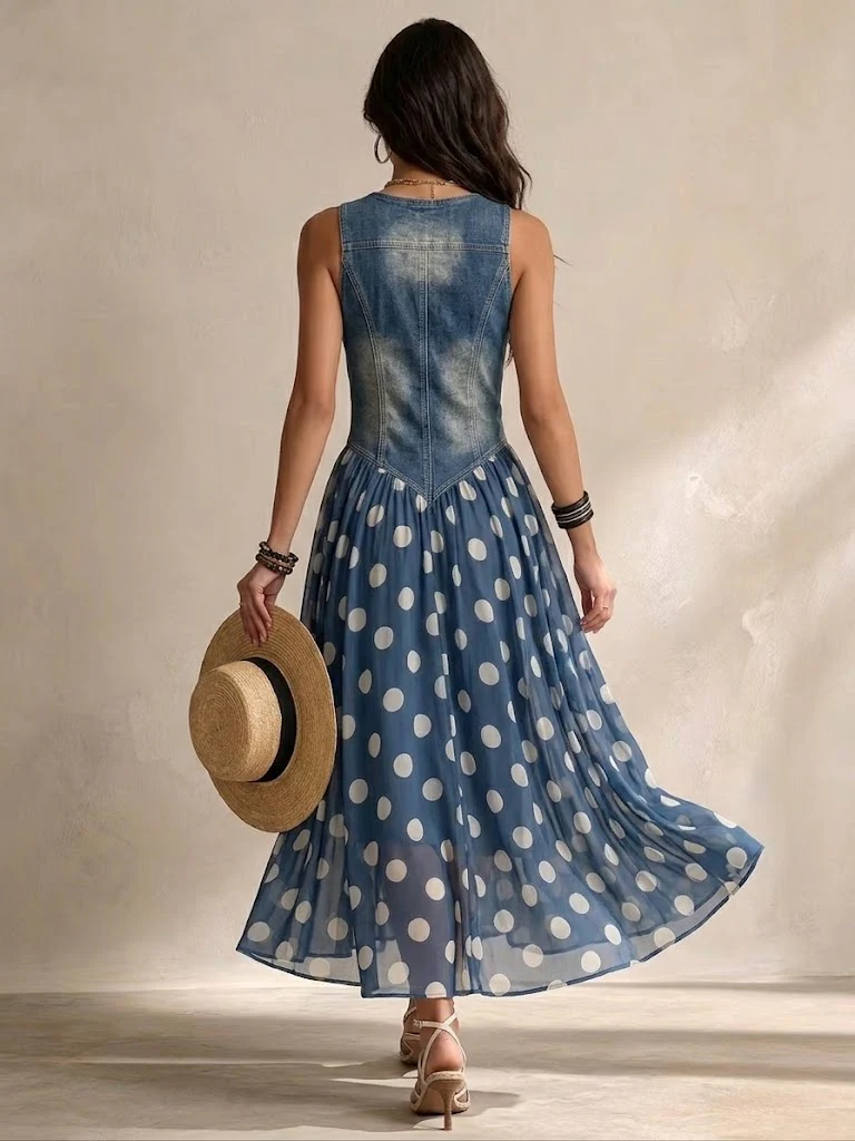 Jayne - Abito midi in chiffon a pois con bottoni