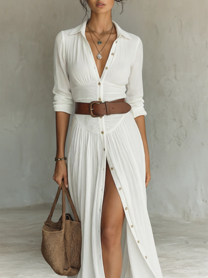 Jeanne - Maxidress in misto lino e cotone con pieghe