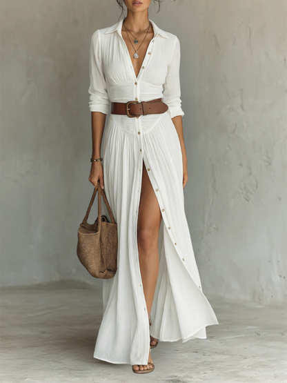 Jeanne - Maxidress in misto lino e cotone con pieghe