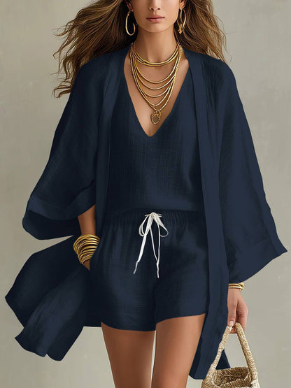 Aureva - Completo di lino a tre pezzi con cardigan