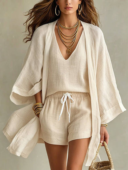 Aureva - Completo di lino a tre pezzi con cardigan