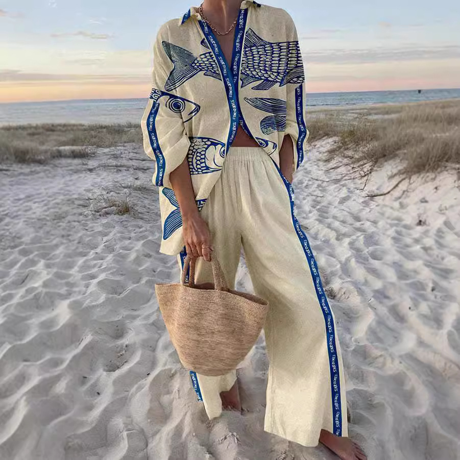 Pelagia - Completo in lino con stampa di pesci blu