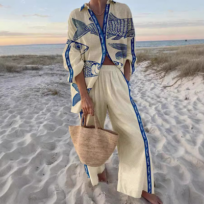 Pelagia - Completo in lino con stampa di pesci blu