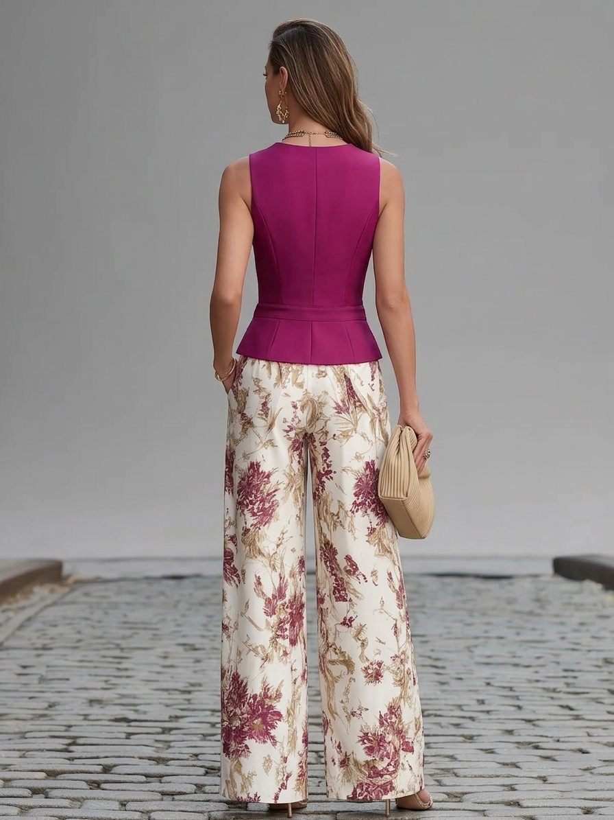 Ameline - Gilet rosa e pantaloni floreali fluidi