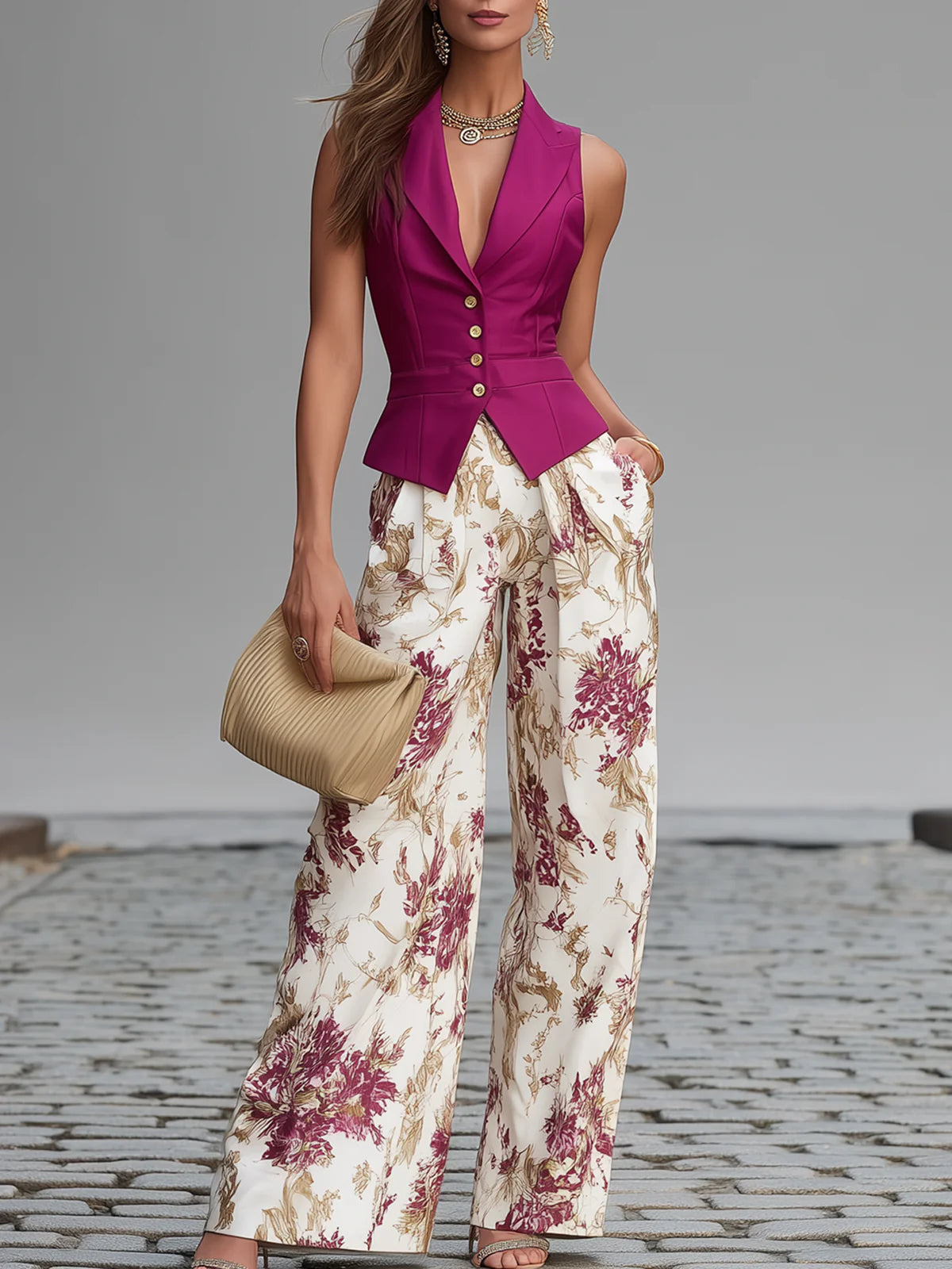Ameline - Gilet rosa e pantaloni floreali fluidi