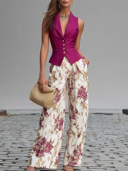 Ameline - Gilet rosa e pantaloni floreali fluidi