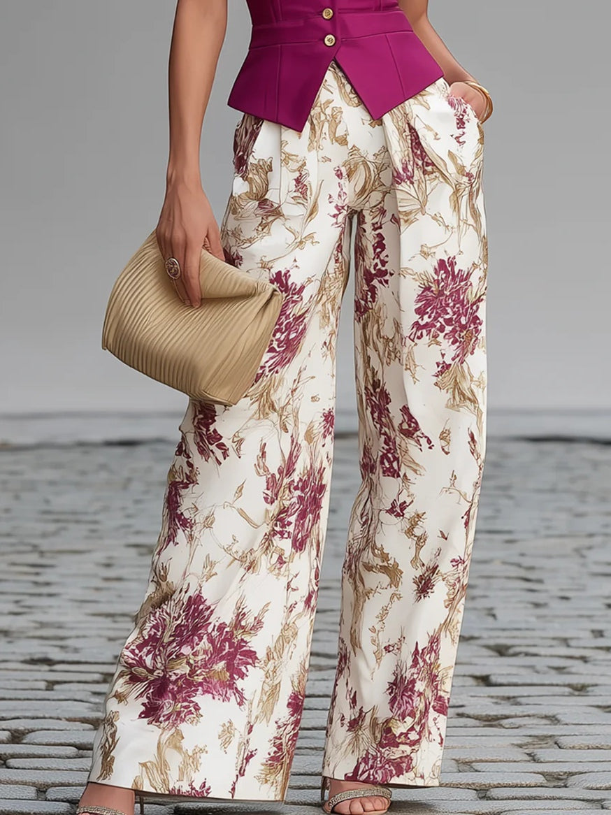 Ameline - Gilet rosa e pantaloni floreali fluidi