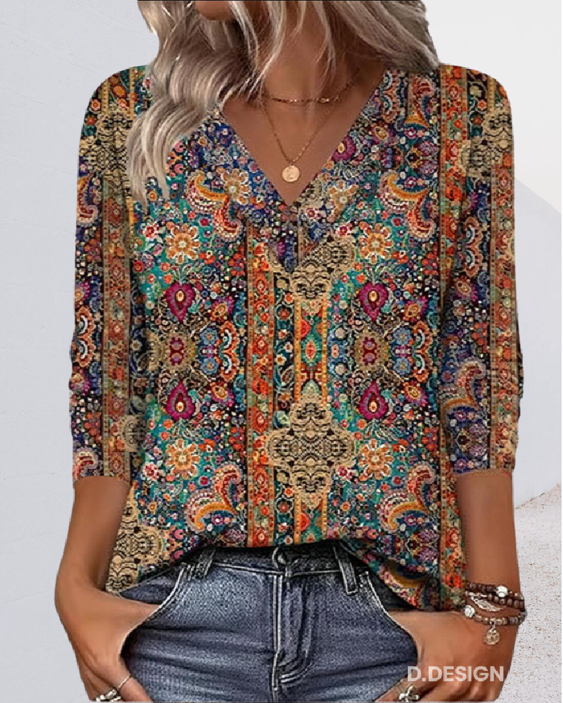 Elara - Blusa con scollo a V e stampa retrò