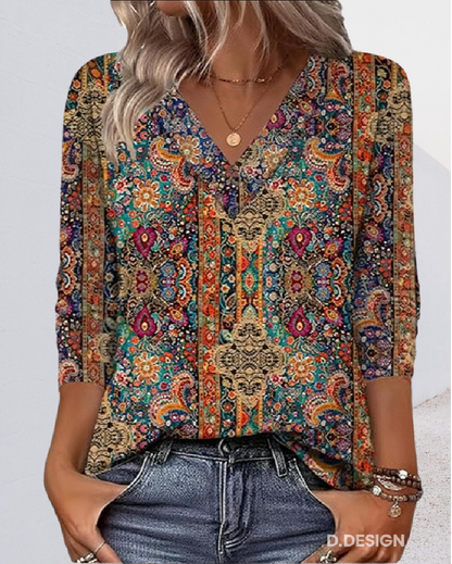 Elara - Blusa con scollo a V e stampa retrò