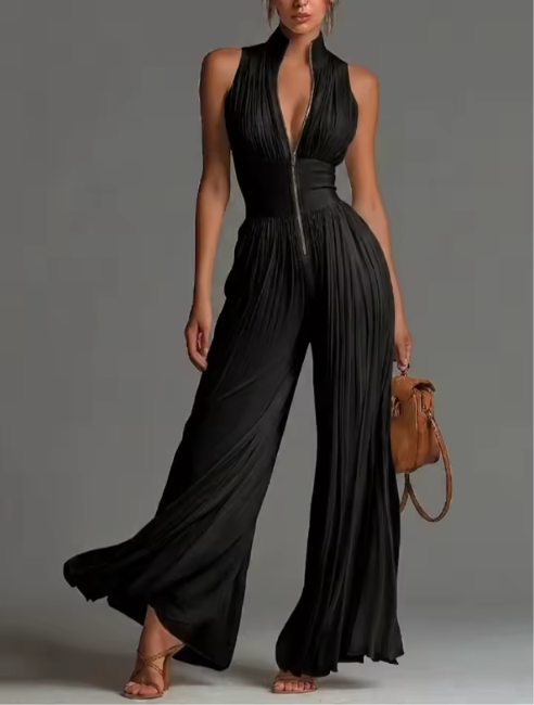 Kelley - Tuta Halterneck Pieghettata con Gamba Larga